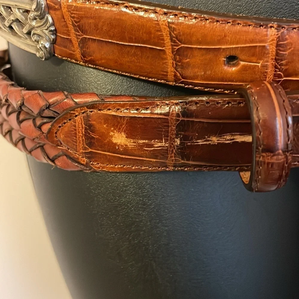 Leather Vintage 1995 Brown Belt with Silver Metal Basketweave Filagree Buckle L
